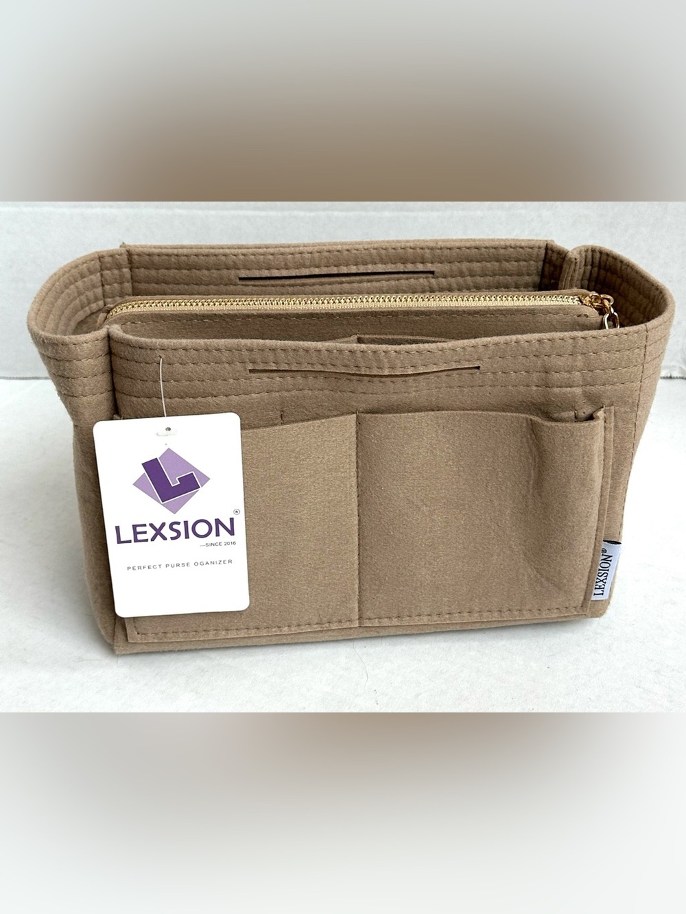 NWT Lexsion Beige/Tan Purse Organizer Insert Zippered Pocket Storage